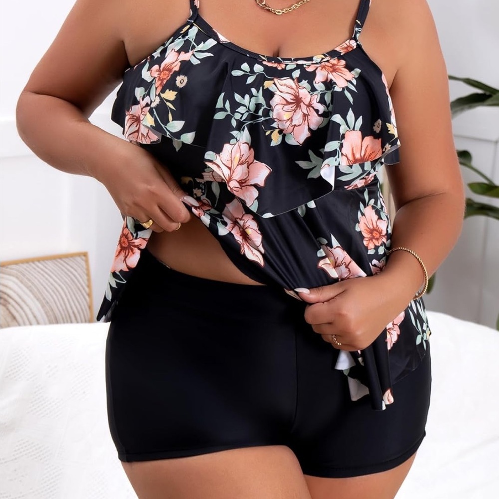 Floral Ruffle Black Swim Dress - Picture 4 of 11